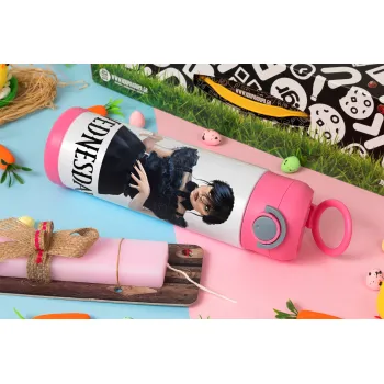 Wednesday Adams, dance with hands, Easter candle, Childrens hot water bottle, stainless steel, with safety straw, PINK (500ml)