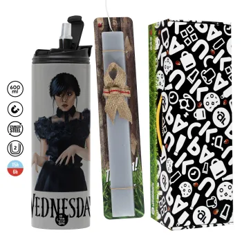 Wednesday Adams, dance with hands, Πασχαλινή Λαμπάδα με Travel Tumbler θερμό (600ml, BPA free) & κερί αρωματικό πλακέ (30cm) (ΓΚΡΙ)