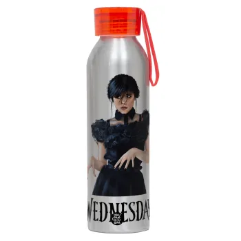 Wednesday Adams, dance with hands, Αλουμινένιο Αθλητικό Μπουκάλι 650ml – Ασημί με Κόκκινο Καπάκι και Λουράκι Σιλικόνης