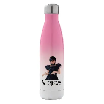 Wednesday Adams, dance with hands, Metal mug thermos Pink/White (Stainless steel), double wall, 500ml