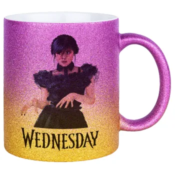 Wednesday Adams, dance with hands, Κούπα Χρυσή/Ροζ Glitter, κεραμική, 330ml