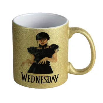 Wednesday Adams, dance with hands, Κούπα Χρυσή Glitter που γυαλίζει, κεραμική, 330ml