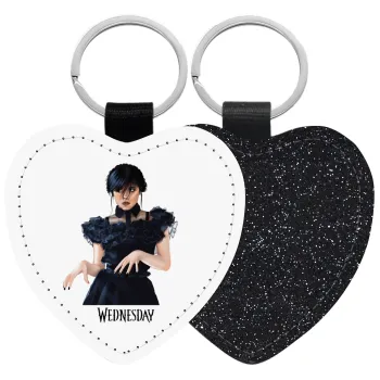 Wednesday Adams, dance with hands, Μπρελόκ PU δερμάτινο glitter καρδιά ΜΑΥΡΟ