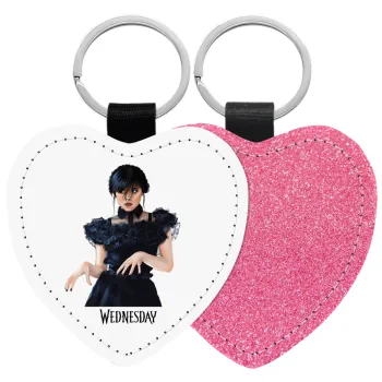 Wednesday Adams, dance with hands, Μπρελόκ PU δερμάτινο glitter καρδιά ΡΟΖ