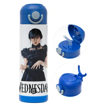 Wednesday Adams, dance with hands, Children's hot water bottle, stainless steel, with safety straw, BLUE (500ml)