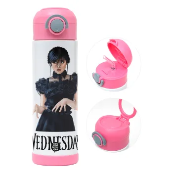Wednesday Adams, dance with hands, Children's hot water bottle, stainless steel, with safety straw, PINK (500ml)