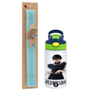 Wednesday Adams, dance with hands, Easter Set, Children's thermal stainless steel bottle with safety straw, green/blue (350ml) & aromatic flat Easter candle (30cm) (TURQUOISE)