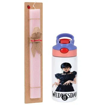 Wednesday Adams, dance with hands, Πασχαλινή Λαμπάδα με Παιδικό παγούρι θερμό, ανοξείδωτο, με καλαμάκι ασφαλείας, ροζ/μωβ (350ml) & κερί αρωματικό πλακέ (30cm) (ΡΟΖ)