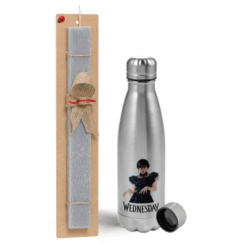 Wednesday Adams, dance with hands, Easter Set, metallic Inox water bottle (750ml) & aromatic flat Easter candle (30cm) (GRAY)