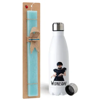 Wednesday Adams, dance with hands, Easter Set, metallic stainless steel water bottle (750ml) & aromatic flat Easter candle (30cm) (TURQUOISE)