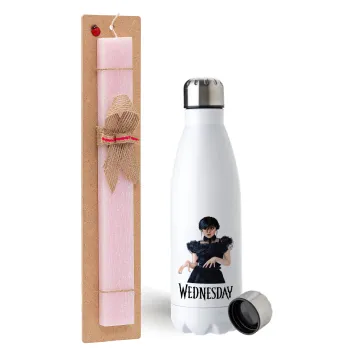 Wednesday Adams, dance with hands, Easter Set, metallic stainless steel water bottle (750ml) & scented flat Easter candle (30cm) (PINK)