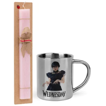 Wednesday Adams, dance with hands, Easter Set, metallic thermal cup (300ml) & aromatic flat Easter candle (30cm) (PINK)