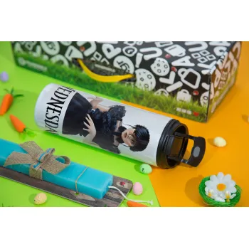 Wednesday Adams, dance with hands, Πασχαλινή Λαμπάδα με Travel Tumbler θερμό με διπλό καπάκι (600ml, BPA free) & κερί αρωματικό πλακέ (30cm) (ΤΙΡΚΟΥΑΖ)