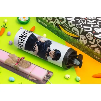 Wednesday Adams, dance with hands, Πασχαλινή Λαμπάδα με Travel Tumbler θερμό με διπλό καπάκι (600ml, BPA free) & κερί αρωματικό πλακέ (30cm) (ΡΟΖ)