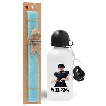 Wednesday Adams, dance with hands, Easter Set, metallic aluminum water bottle (500ml) & scented flat candle (30cm) (TURQUOISE)