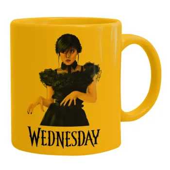 Wednesday Adams, dance with hands, Ceramic coffee mug yellow, 330ml