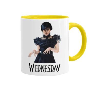 Wednesday Adams, dance with hands, Κούπα χρωματιστή κίτρινη, κεραμική, 330ml