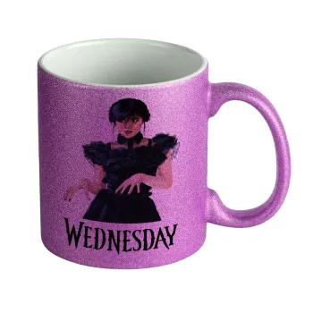 Wednesday Adams, dance with hands, Κούπα Μωβ Glitter που γυαλίζει, κεραμική, 330ml