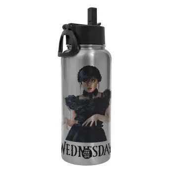 Wednesday Adams, dance with hands, Metal mug thermo Silver with Straw and Spout Lid (Stainless steel), double wall, 950ml