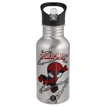 Spiderman kid, Water bottle Silver with straw, stainless steel 500ml