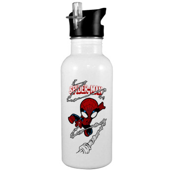 Spiderman kid, Παγούρι νερού Λευκό με καλαμάκι, ανοξείδωτο ατσάλι 600ml