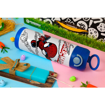 Spiderman kid, Πασχαλινή Λαμπάδα με Παιδικό παγούρι θερμό, ανοξείδωτο, με καλαμάκι ασφαλείας, ΜΠΛΕ (500ml)