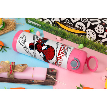 Spiderman kid, Easter candle, Childrens hot water bottle, stainless steel, with safety straw, PINK (500ml)