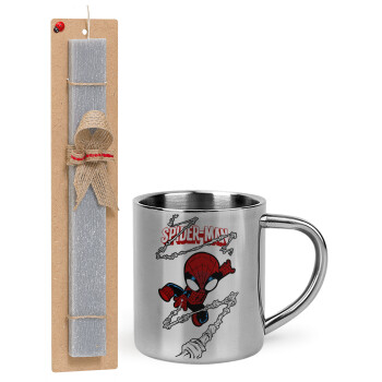 Spiderman kid, Easter Set, metallic thermal cup (300ml) & Easter aromatic flat candle (30cm) (GRAY)