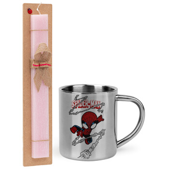 Spiderman kid, Easter Set, metallic thermal cup (300ml) & aromatic flat Easter candle (30cm) (PINK)
