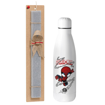 Spiderman kid, Easter Set, metallic stainless thermos bottle (500ml) & scented flat Easter candle (30cm) (GRAY)