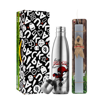 Spiderman kid, Easter Set, metallic stainless thermos flask (500ml) & scented flat Easter candle (30cm) (GRAY)
