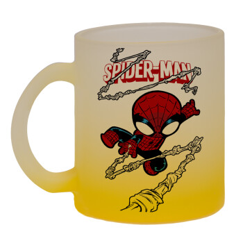 Spiderman kid, Κούπα γυάλινη δίχρωμη με βάση το κίτρινο ματ, 330ml