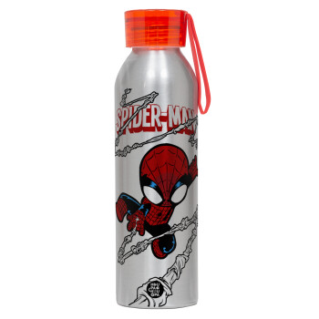 Spiderman kid, Αλουμινένιο Αθλητικό Μπουκάλι 650ml – Ασημί με Κόκκινο Καπάκι και Λουράκι Σιλικόνης