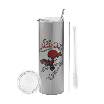 Spiderman kid, Eco friendly stainless steel Silver tumbler 600ml, with metal straw & cleaning brush
