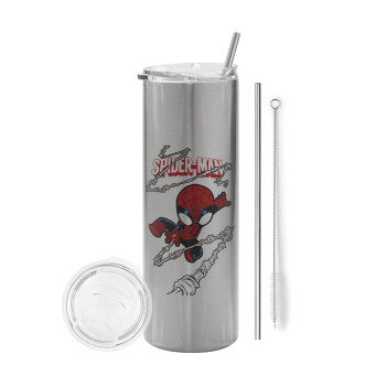 Spiderman kid, Tumbler stainless steel Silver 600ml, with metal straw & cleaning brush