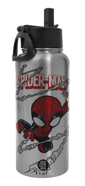 Spiderman kid — Metal mug thermo Silver with Straw and Spout Lid (Stainless steel), double wall, 950ml