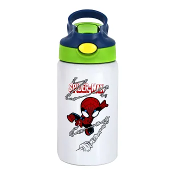 Spiderman kid, Children's hot water bottle, stainless steel, with safety straw, green, blue (350ml)