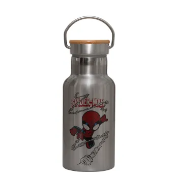 Spiderman kid, Stainless steel metallic thermos flask, silver with a bamboo lid, double-walled, 350ml.