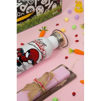 Spiderman kid, Πασχαλινή Λαμπάδα με παγούρι μεταλλικό (620ml, stainless steel) & κερί αρωματικό πλακέ (30cm) (ΡΟΖ)