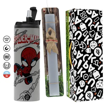 Spiderman kid, Πασχαλινή Λαμπάδα με Travel Tumbler θερμό (600ml, BPA free) & κερί αρωματικό πλακέ (30cm) (ΓΚΡΙ)