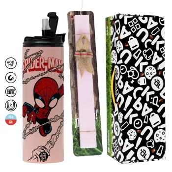 Spiderman kid, Πασχαλινή Λαμπάδα με  ΡΟΖ Travel Tumbler θερμό (600ml, BPA free) & κερί αρωματικό πλακέ (30cm) (ΡΟΖ)