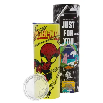 Spiderman kid, Neon Yellow Travel Tumbler θερμό, μεταλλικό καλαμάκι(Ανωξείδωτο 304 Food grade, BPA free, 600ml)