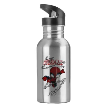 Spiderman kid, Water bottle Silver with straw, stainless steel 600ml
