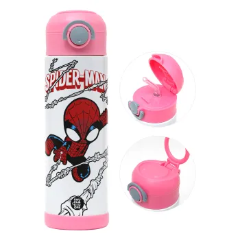 Spiderman kid, Children's hot water bottle, stainless steel, with safety straw, PINK (500ml)