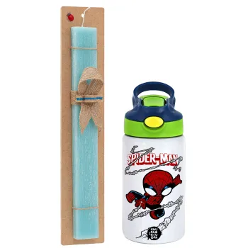 Spiderman kid, Πασχαλινή Λαμπάδα με Παιδικό παγούρι θερμό, ανοξείδωτο, με καλαμάκι ασφαλείας, πράσινο/μπλε (350ml) & κερί αρωματικό πλακέ (30cm) (ΤΙΡΚΟΥΑΖ)