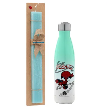 Spiderman kid, Easter Set, Metallic green/white thermos (Stainless steel), double-walled, 500ml & scented flat Easter candle (30cm) (TURQUOISE)