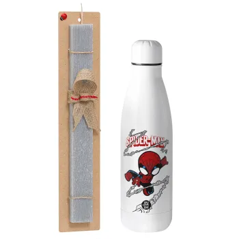 Spiderman kid, Easter Set, metallic stainless thermos bottle (500ml) & scented flat Easter candle (30cm) (GRAY)