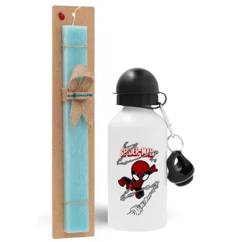 Spiderman kid, Easter Set, metallic aluminum water bottle (500ml) & scented flat candle (30cm) (TURQUOISE)