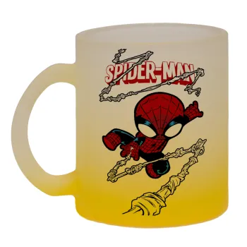Spiderman kid, Κούπα γυάλινη δίχρωμη με βάση το κίτρινο ματ, 330ml