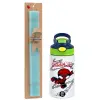 Easter Set, Children's thermal stainless steel bottle with safety straw, green/blue (350ml) & aromatic flat Easter candle (30cm) (TURQUOISE)